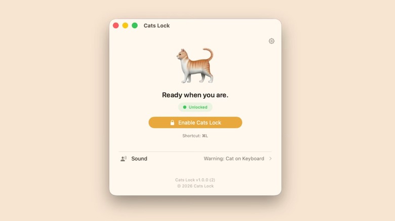The Cats Lock popup showing an illustration of an orange cat, and the option to Enable Cats Lock