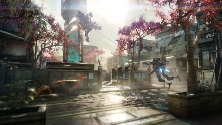 Two mechs engaging in combat in Titanfall 2.